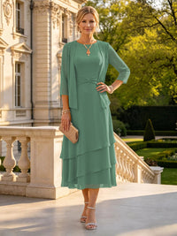A Line Round Neck 3/4 Sleeves Long Mother of the Bride Dresses