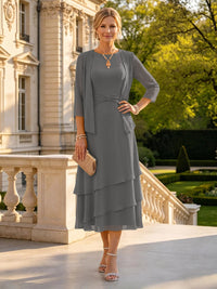 A Line Round Neck 3/4 Sleeves Long Mother of the Bride Dresses