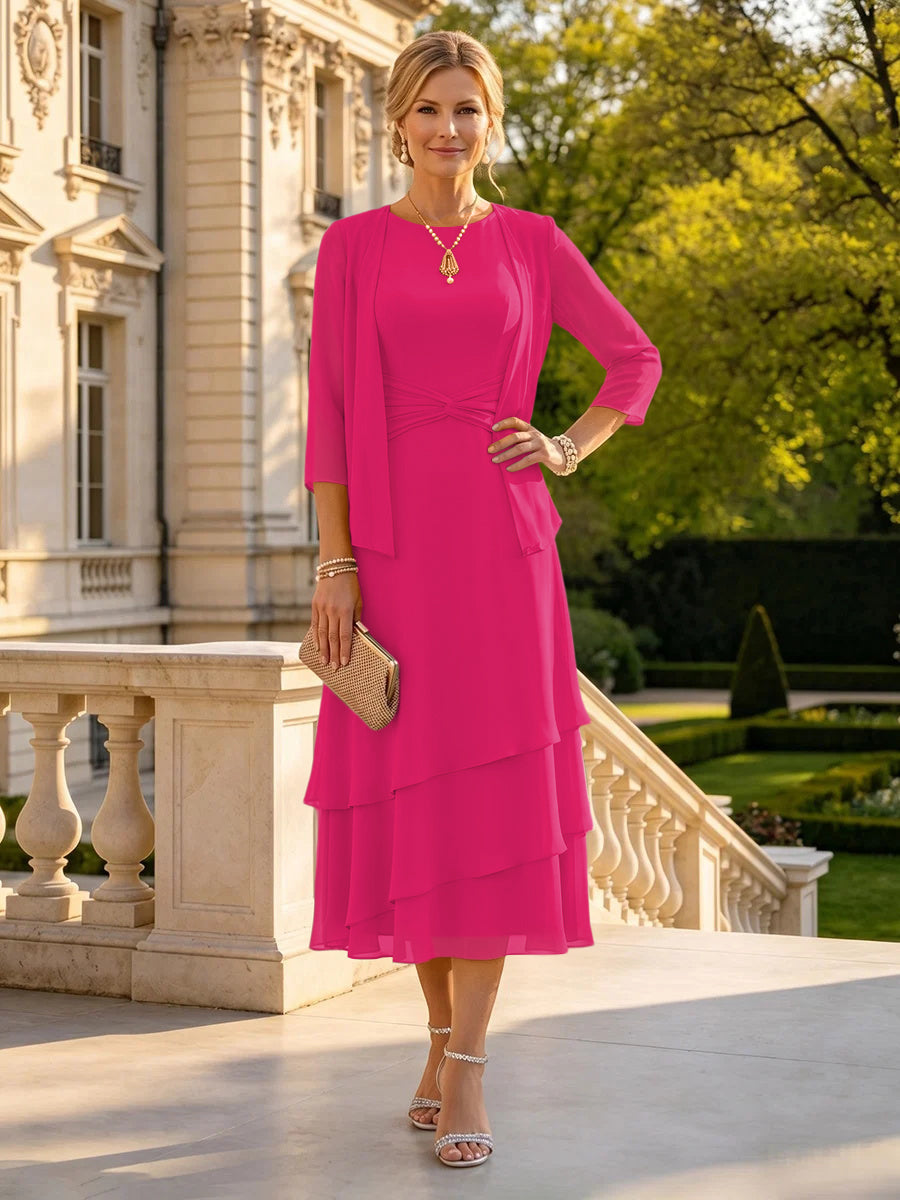 A Line Round Neck 3/4 Sleeves Long Mother of the Bride Dresses