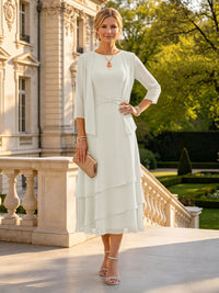A Line Round Neck 3/4 Sleeves Long Mother of the Bride Dresses