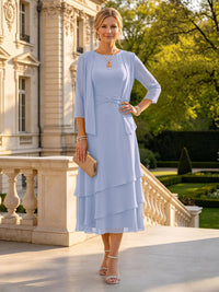 A Line Round Neck 3/4 Sleeves Long Mother of the Bride Dresses