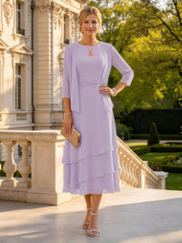 A Line Round Neck 3/4 Sleeves Long Mother of the Bride Dresses