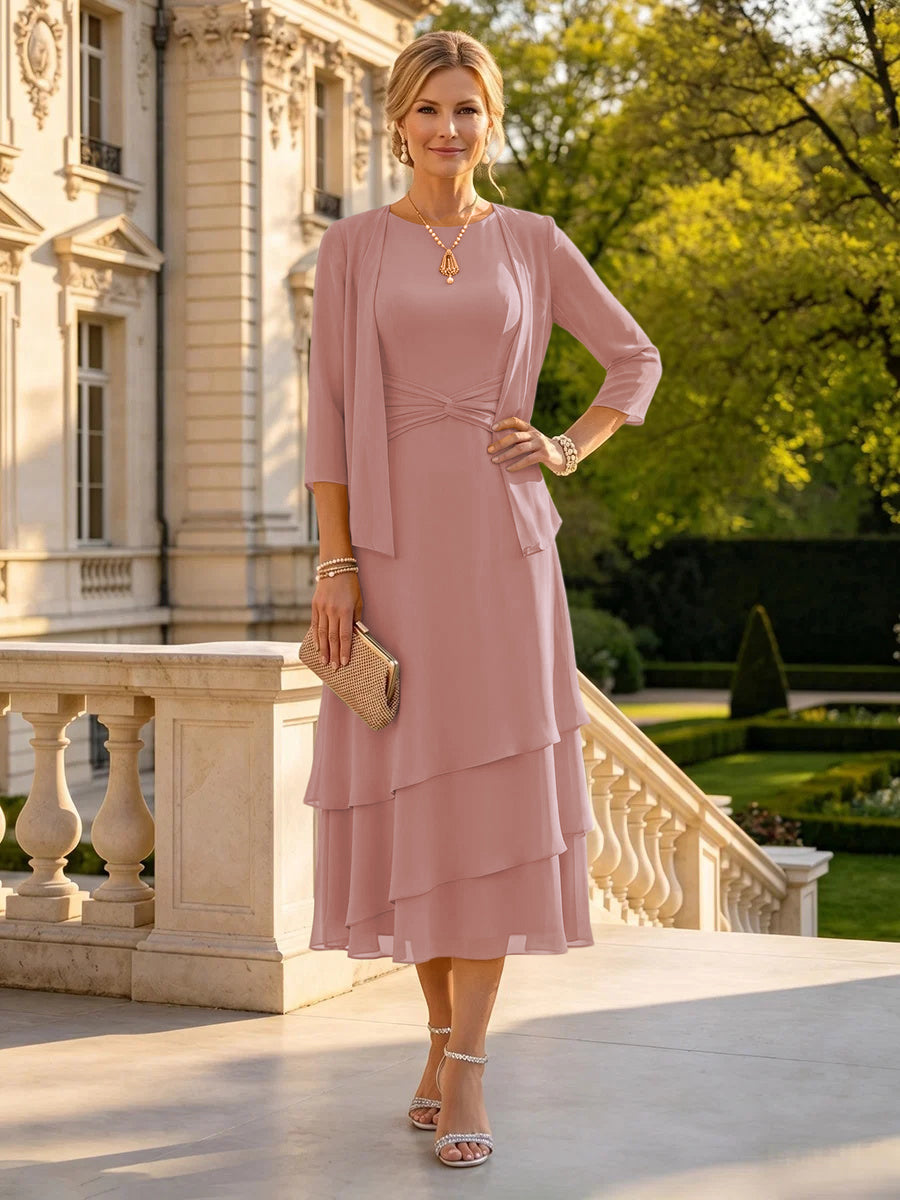 A Line Round Neck 3/4 Sleeves Long Mother of the Bride Dresses