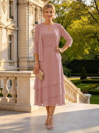 A Line Round Neck 3/4 Sleeves Long Mother of the Bride Dresses