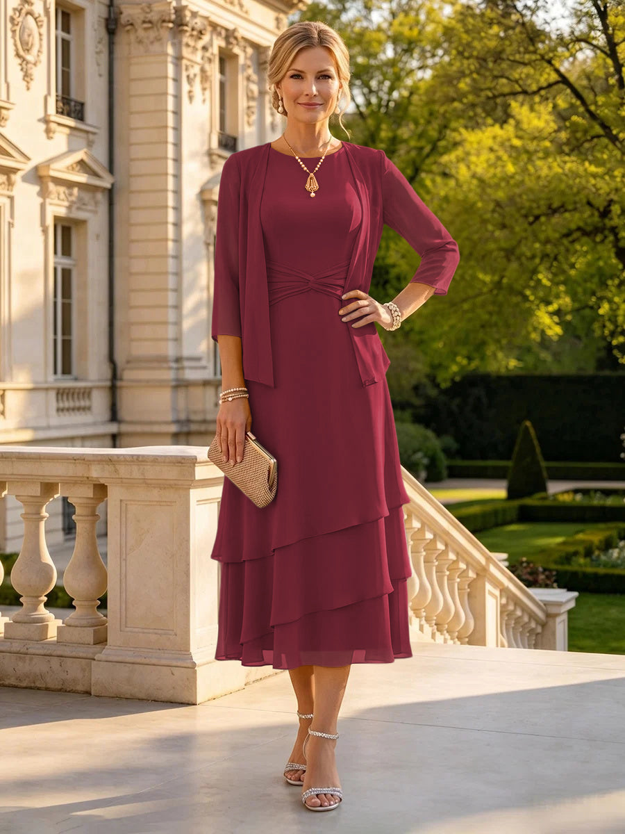 A Line Round Neck 3/4 Sleeves Long Mother of the Bride Dresses