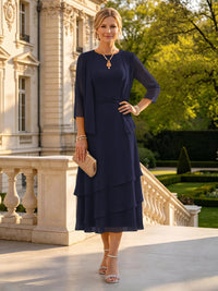 A Line Round Neck 3/4 Sleeves Long Mother of the Bride Dresses