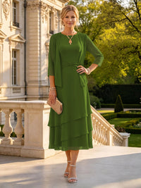 A Line Round Neck 3/4 Sleeves Long Mother of the Bride Dresses