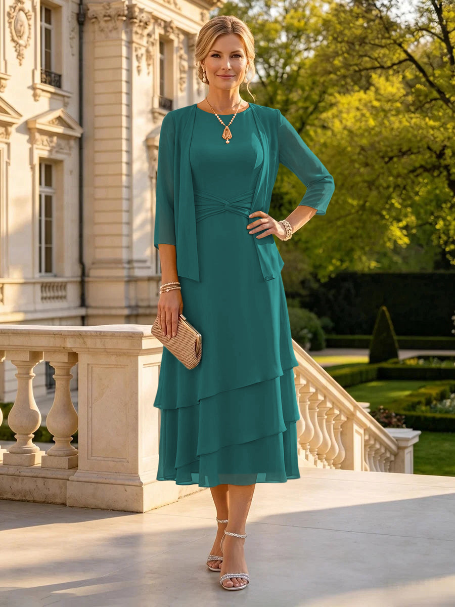 A Line Round Neck 3/4 Sleeves Long Mother of the Bride Dresses