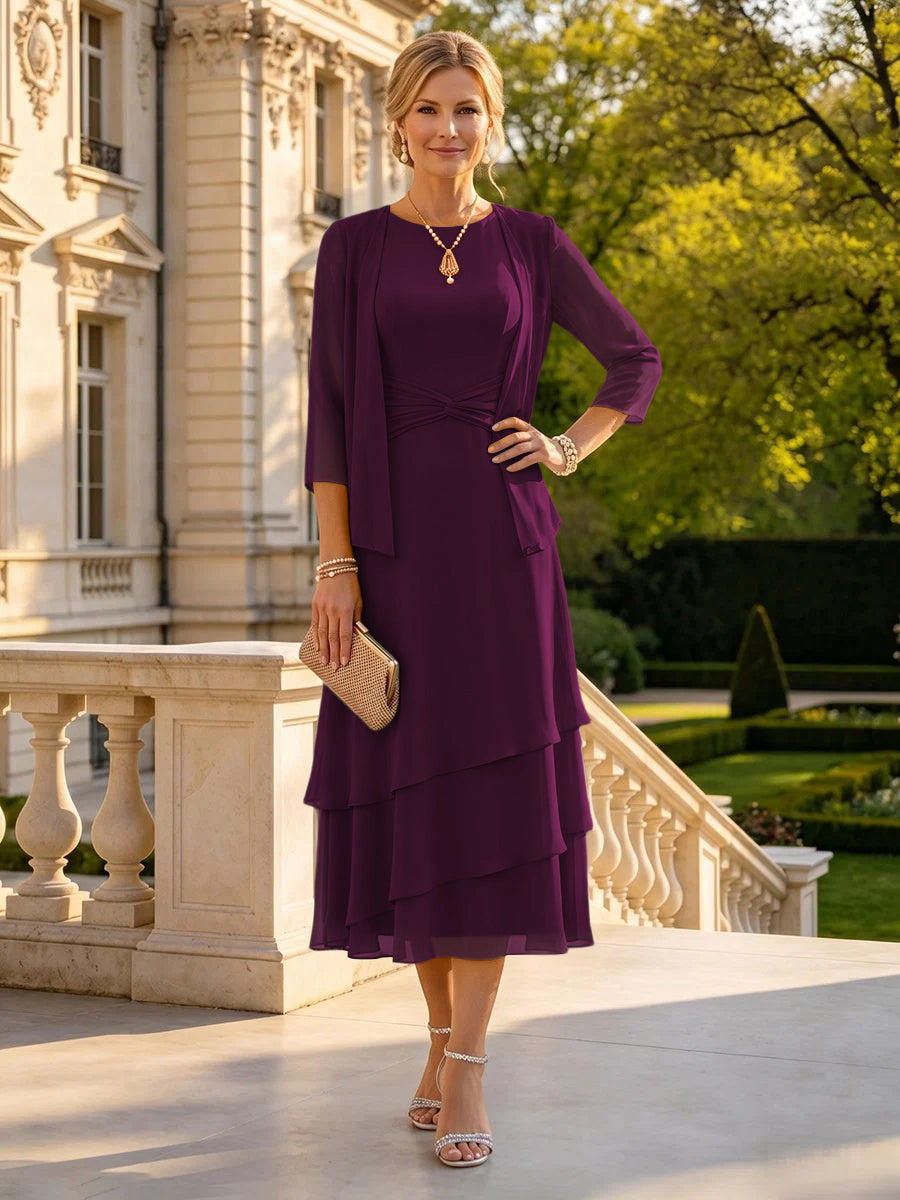 A Line Round Neck 3/4 Sleeves Long Mother of the Bride Dresses