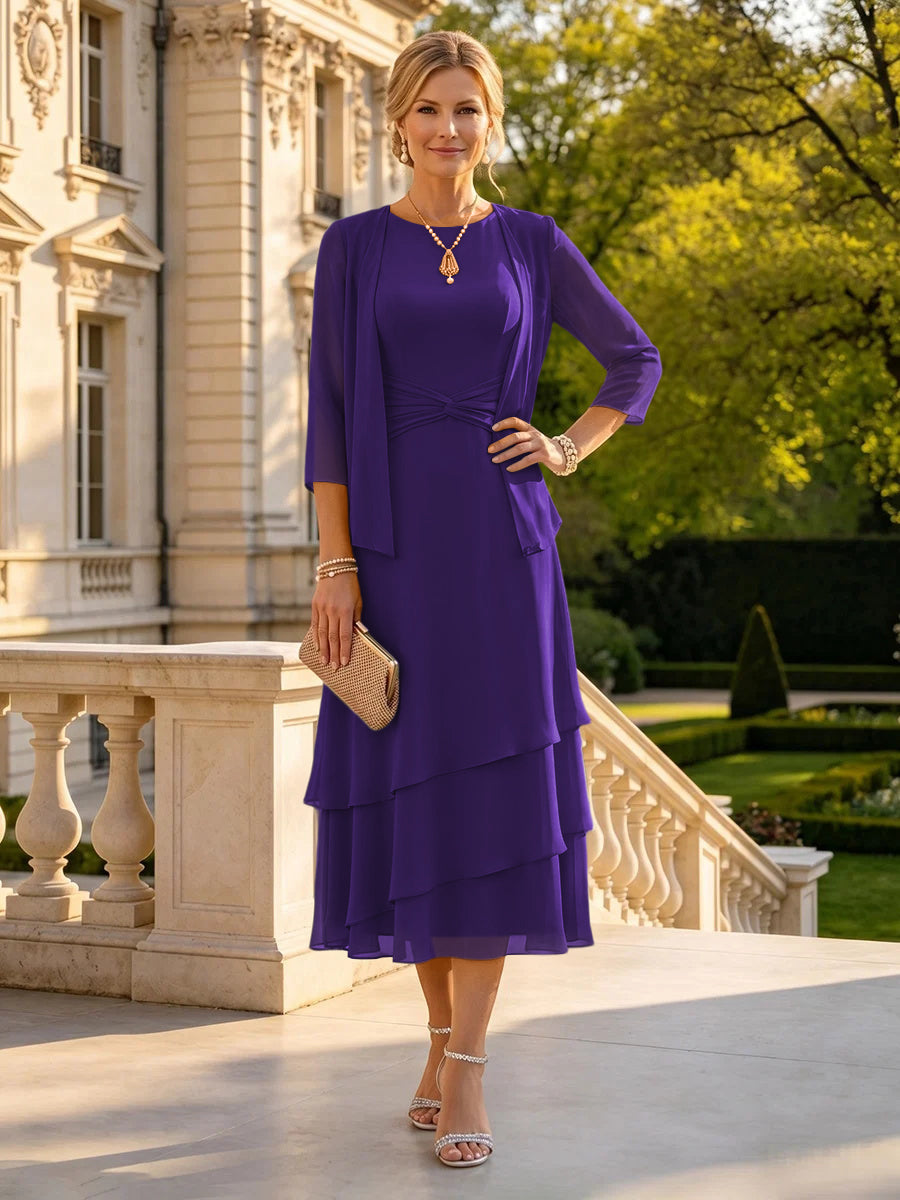 A Line Round Neck 3/4 Sleeves Long Mother of the Bride Dresses