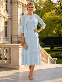 A Line Round Neck 3/4 Sleeves Long Mother of the Bride Dresses