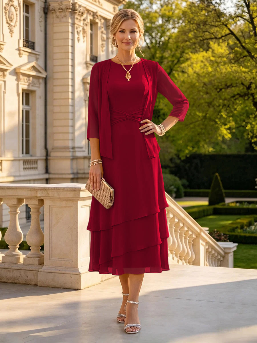 A Line Round Neck 3/4 Sleeves Long Mother of the Bride Dresses