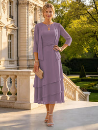 A Line Round Neck 3/4 Sleeves Long Mother of the Bride Dresses