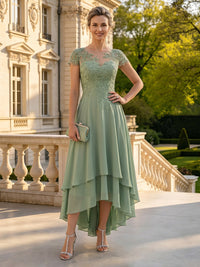 A Line Round Neck Short Sleeves High Low Mother of the Bride Dresses