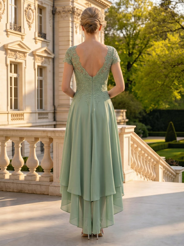 A Line Round Neck Short Sleeves High Low Mother of the Bride Dresses