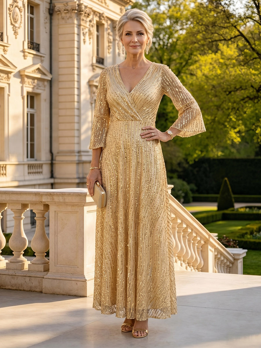 Sequin A Line V Neck 3/4 Sleeves Long Mother of the Bride Dresses
