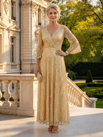Sequin A Line V Neck 3/4 Sleeves Long Mother of the Bride Dresses