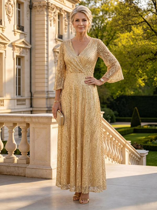 Sequin A Line V Neck 3/4 Sleeves Long Mother of the Bride Dresses