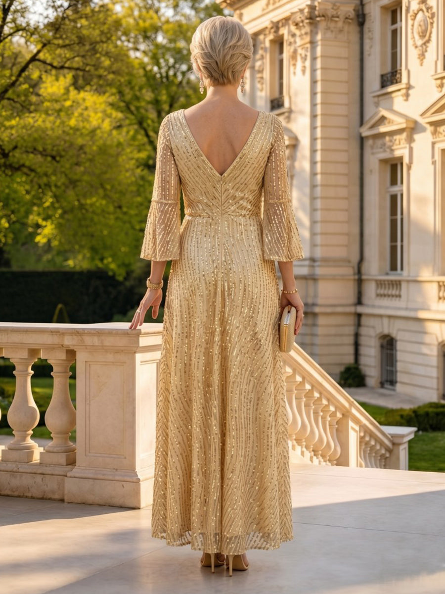 Sequin A Line V Neck 3/4 Sleeves Long Mother of the Bride Dresses