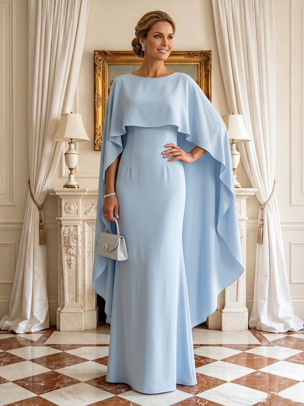 Mermaid Round Neck Sleeveless Long Mother of the Bride Dresses with Cape