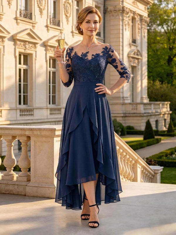 A Line Round Neck Half Sleeves High Low Mother of the Bride Dresses