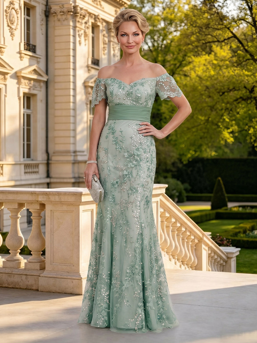 Mermaid Off Shoulder Short Sleeves Long Mother of the Bride Dresses