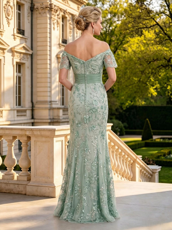 Mermaid Off Shoulder Short Sleeves Long Mother of the Bride Dresses