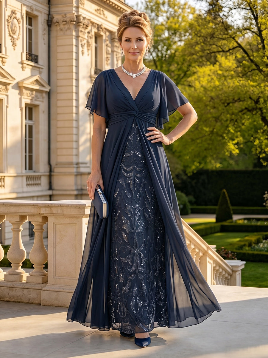 A Line V Neck Short Sleeves Long Mother of the Bride Dresses