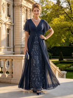 A Line V Neck Short Sleeves Long Mother of the Bride Dresses