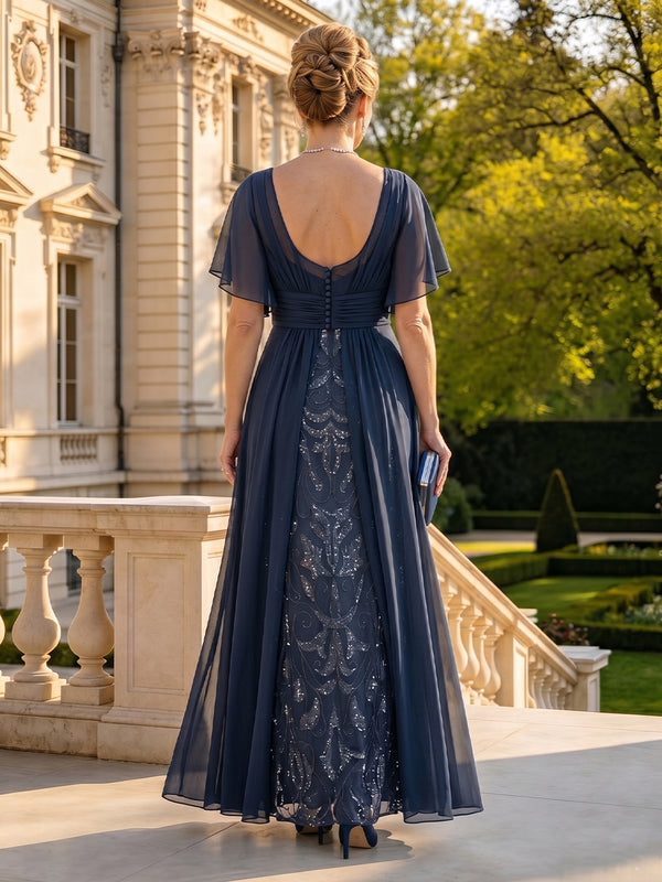 A Line V Neck Short Sleeves Long Mother of the Bride Dresses