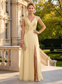 Chiffon V Neck Short Sleeves Mother of the Bride Dresses with Slit