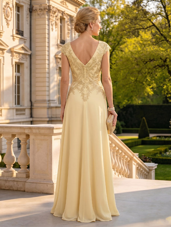 Chiffon V Neck Short Sleeves Mother of the Bride Dresses with Slit
