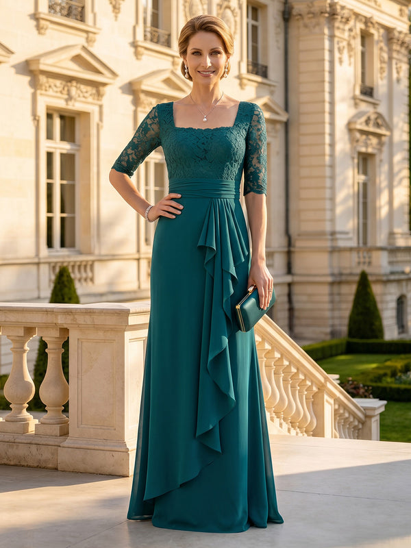 Chiffon Square Neck 3/4 Sleeves Mother of the Bride Dresses with Pleated