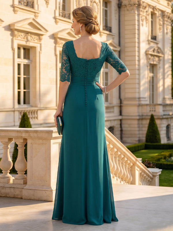 Chiffon Square Neck 3/4 Sleeves Mother of the Bride Dresses with Pleated