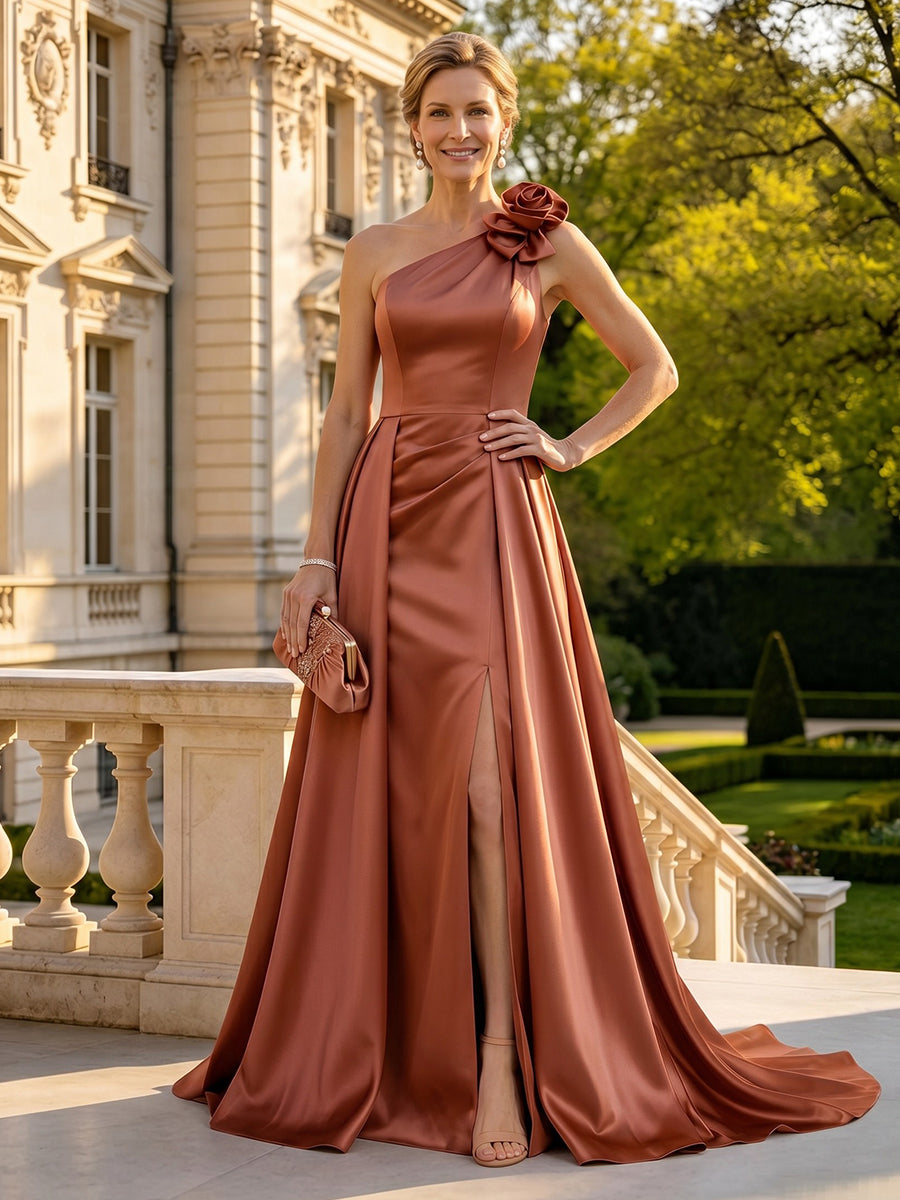 A Line Satin One Shoulder Long Mother of the Bride Dresses with Train