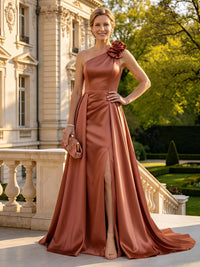 A Line Satin One Shoulder Long Mother of the Bride Dresses with Train