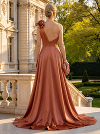 A Line Satin One Shoulder Long Mother of the Bride Dresses with Train