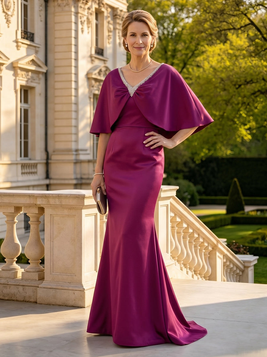 Satin Mermaid V Neck Long Mother of the Bride Dresses