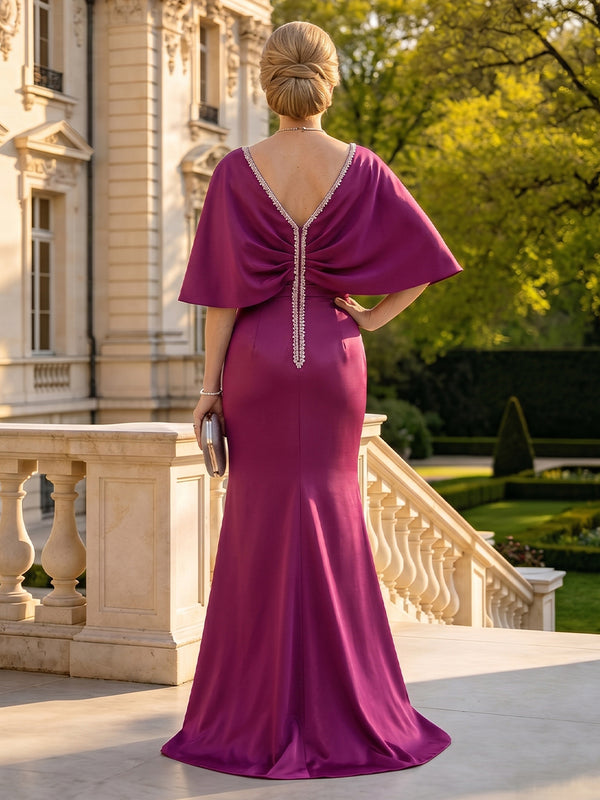 Satin Mermaid V Neck Long Mother of the Bride Dresses