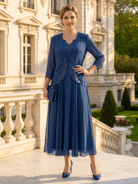 Chiffon A Line 3/4 Sleeves 2 Pieces Tea Mother of the Bride Dresses