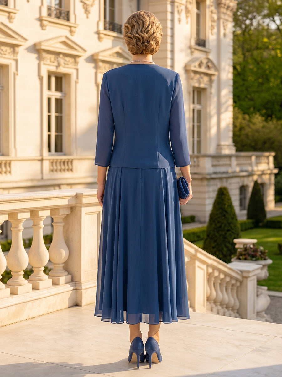Chiffon A Line 3/4 Sleeves 2 Pieces Tea Mother of the Bride Dresses