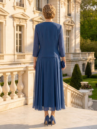 Chiffon A Line 3/4 Sleeves 2 Pieces Tea Mother of the Bride Dresses