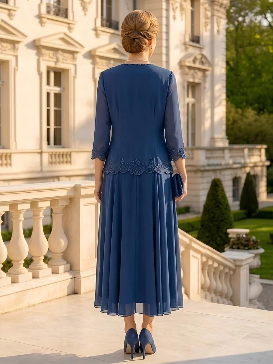 Chiffon A Line 3/4 Sleeves 2 Pieces Tea Mother of the Bride Dresses