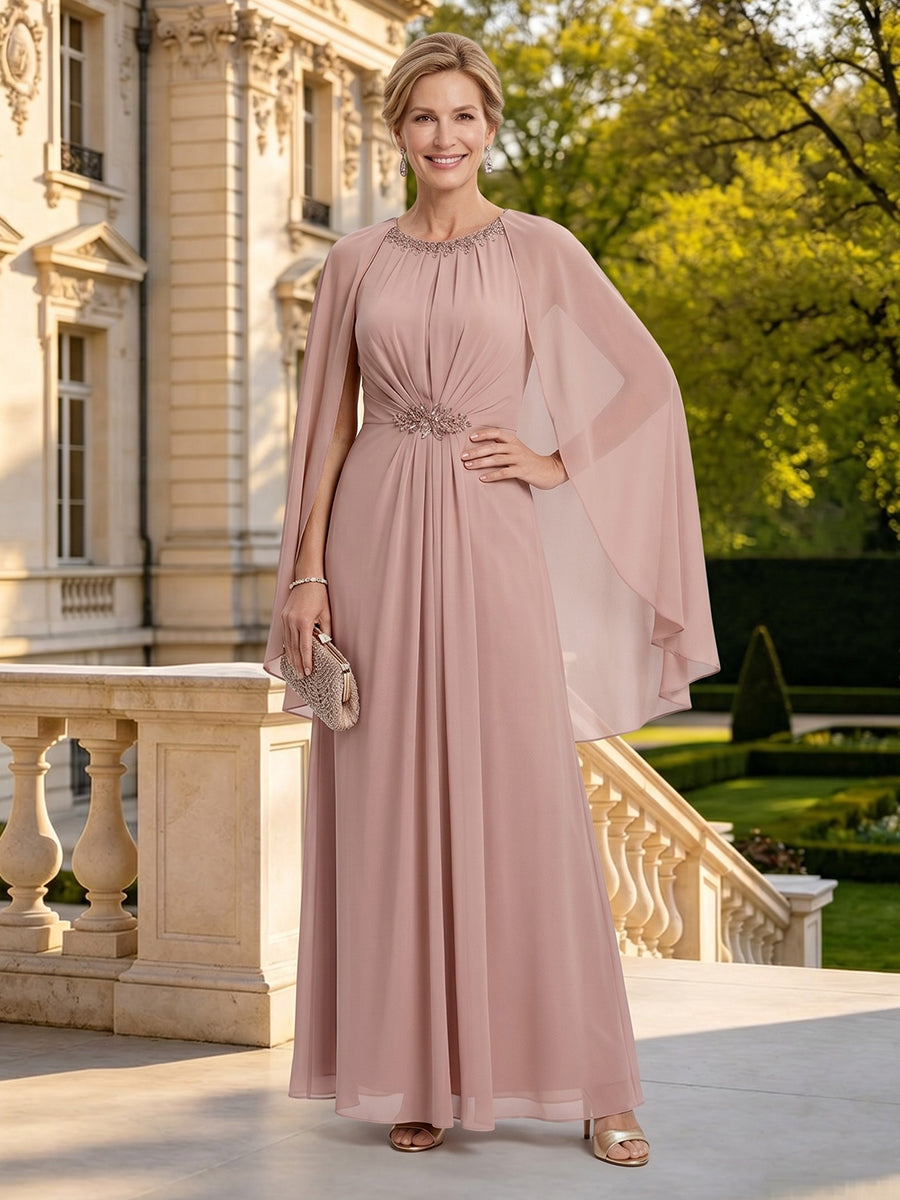 Chiffon Round Neck Sleeveless Mother of the Bride Dresses with Cape