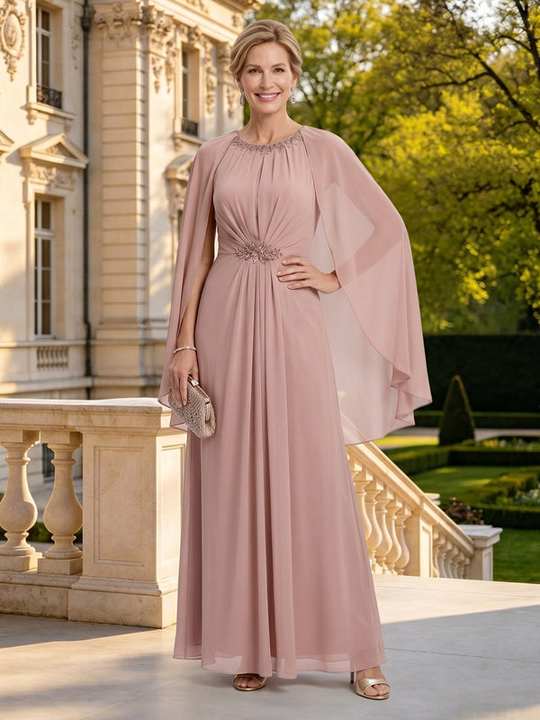 Chiffon Round Neck Sleeveless Mother of the Bride Dresses with Cape