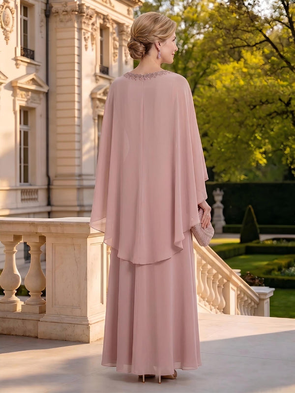 Chiffon Round Neck Sleeveless Mother of the Bride Dresses with Cape