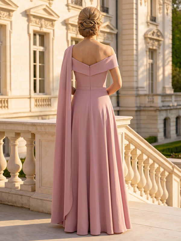 A Line Satin Off Shoulder Long Mother of the Bride Dresses with Pleated