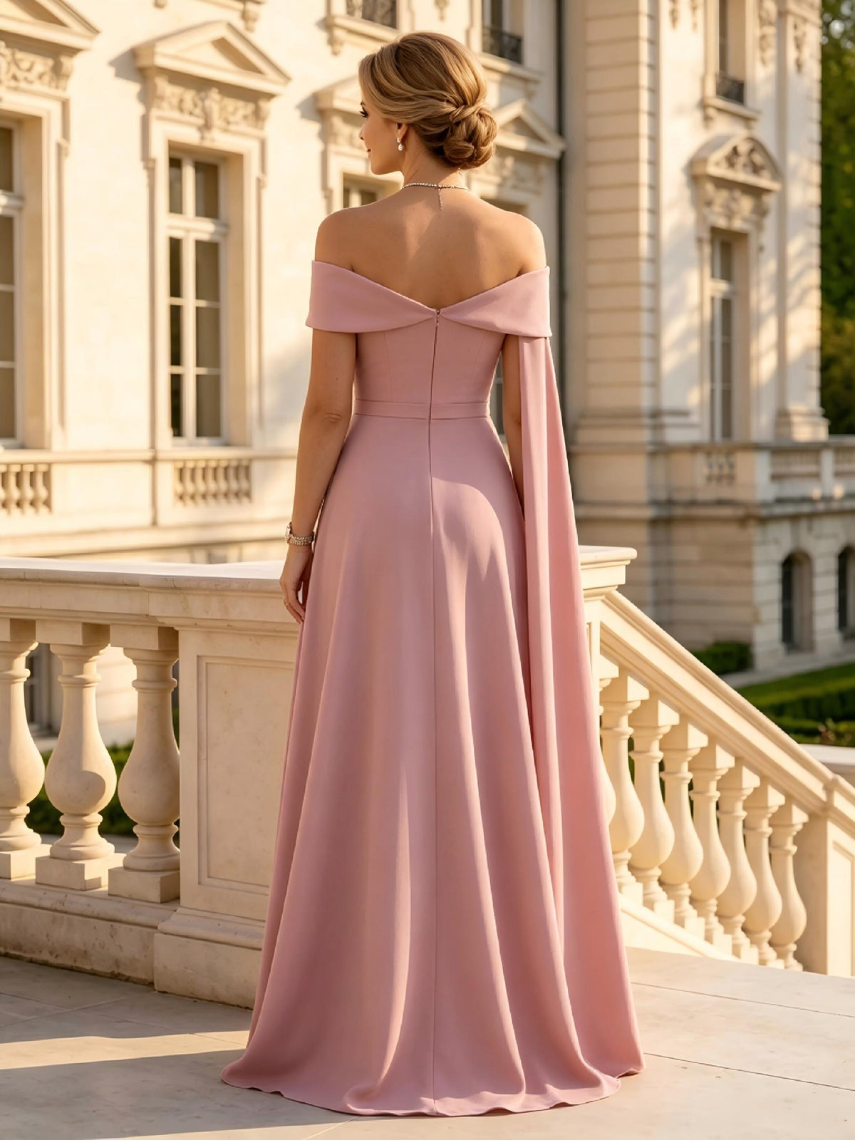 A Line Satin Off Shoulder Long Mother of the Bride Dresses with Pleated
