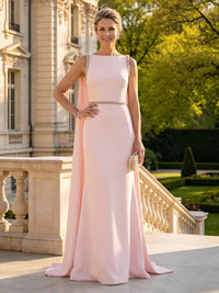 Satin Mermaid Boat Neck Long Mother of the Bride Dresses with Pleated