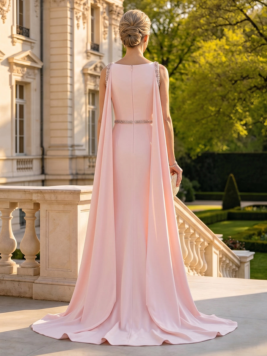 Satin Mermaid Boat Neck Long Mother of the Bride Dresses with Pleated